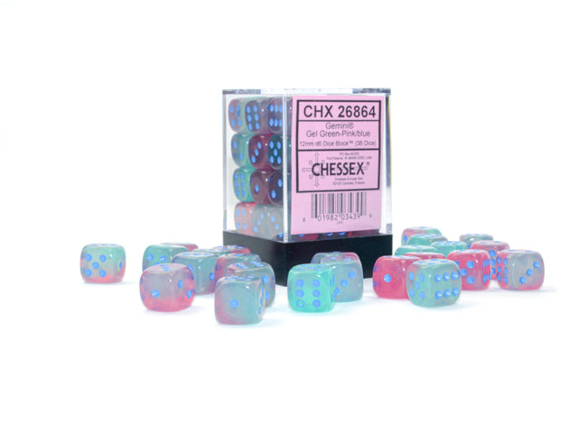 Gemini Gel Green-Pink/blue Luminary 12mm d6 Set di Dadi (36 dice)