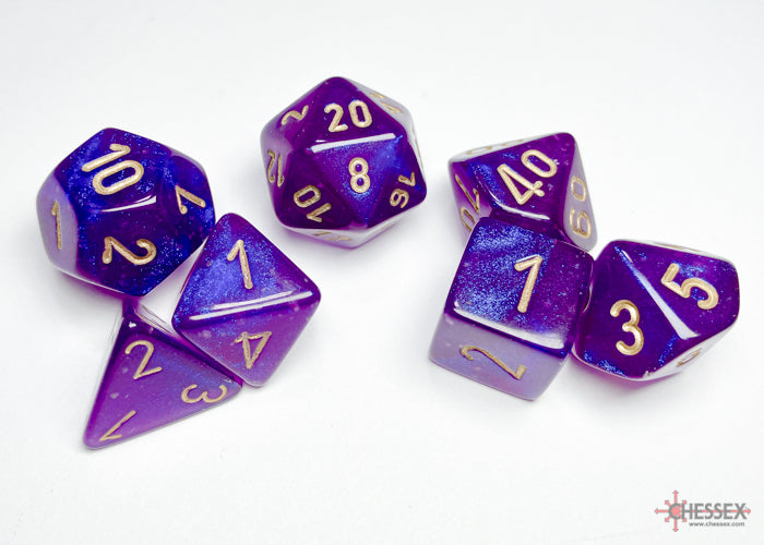 Borealis Royal Purple/gold Luminary Polyhedral Set 7 dadi