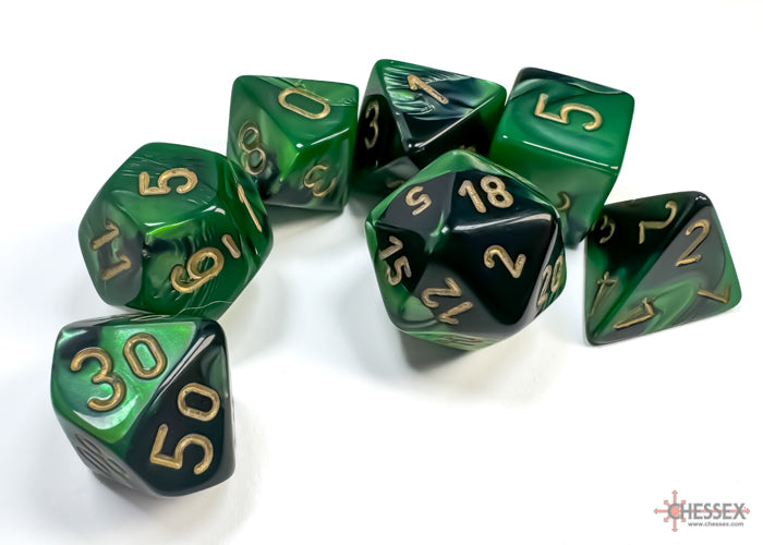 Gemini Black-Green/gold Polyhedral Set 7 Dadi