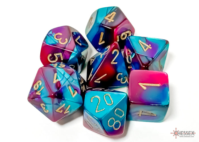 Gemini Purple-Teal/gold Polyhedral Set 7 dadi