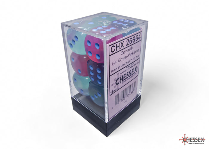 Gemini Gel Green-Pink/blue Luminary 16mm d6 Set di dadi (12 dice)