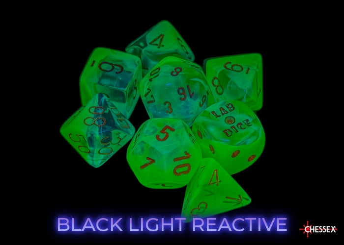 Gemini Plasma Green-Teal/orange Luminary Polyhedral Set 7 dadi