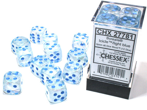 Borealis Icicle/light blue Luminary 16mm d6 Set di dadi (12 dice)
