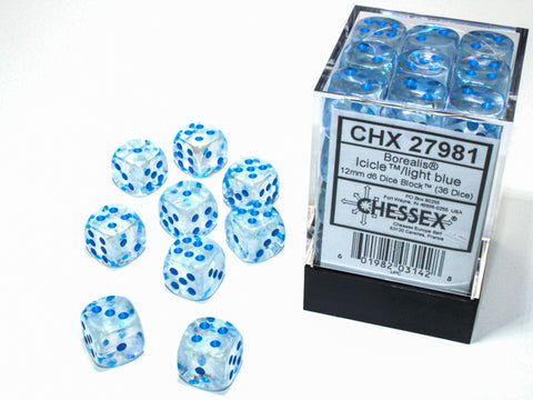 Borealis Icicle/light blue Luminary 12mm d6 Set di dadi (36 dice)