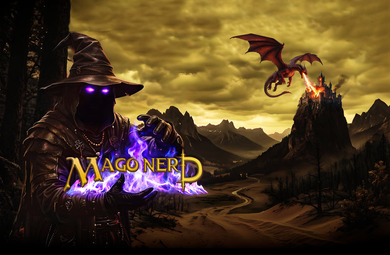 Mago Nerd: il mago con le fiamme viola e il drago sul castello