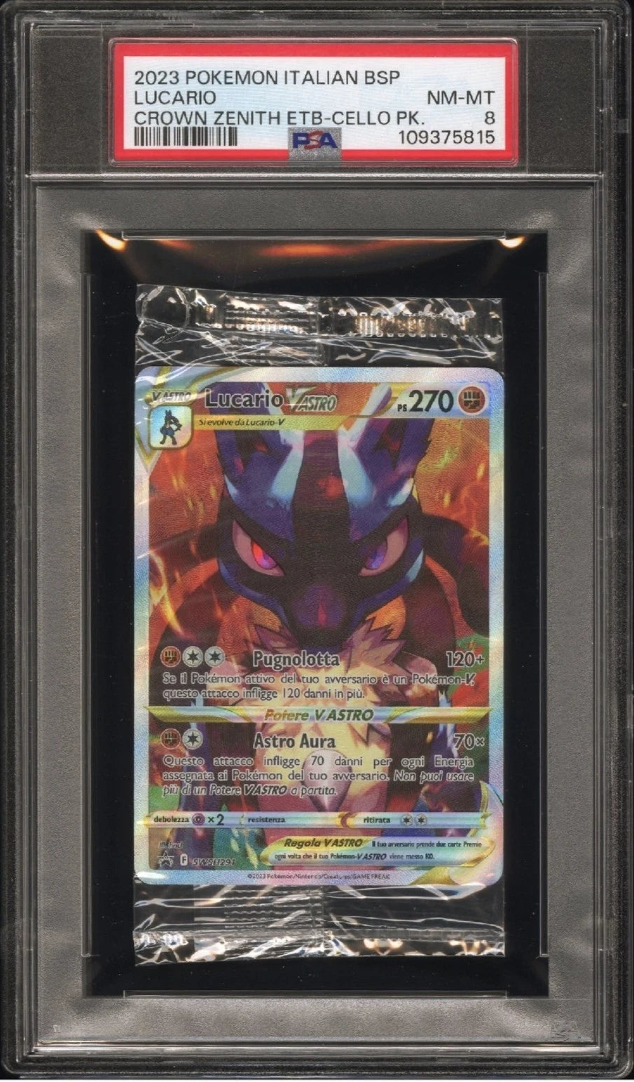 POKEMON ITALIAN BSP LUCARIO CROWN ZENITH ETB-CELLO PK. #SWSH291 PSA8