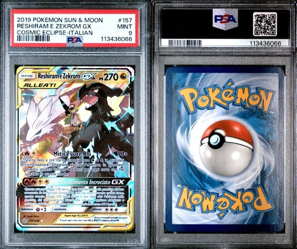 POKEMON SUN & MOON RESHIRA E ZEKROM GX COSMIC ECLIPSE ITALIAN PSA 9 #157
