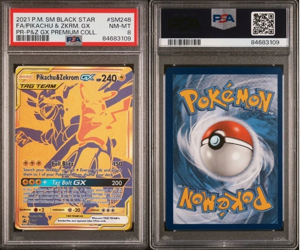 BLACK STAR PROMO FA/PIKACHU & ZEKROM GX PREMIUM COLL PSA 8 #SM248